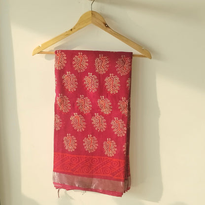 BAGRU HAND BLOCK PRINTED MAROON COTTON LINEN  SAREE,FLORAL PRINTS