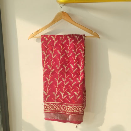 BAGRU HAND BLOCK PRINTED MAROON COTTON LINEN  SAREE,FLORAL PRINTS