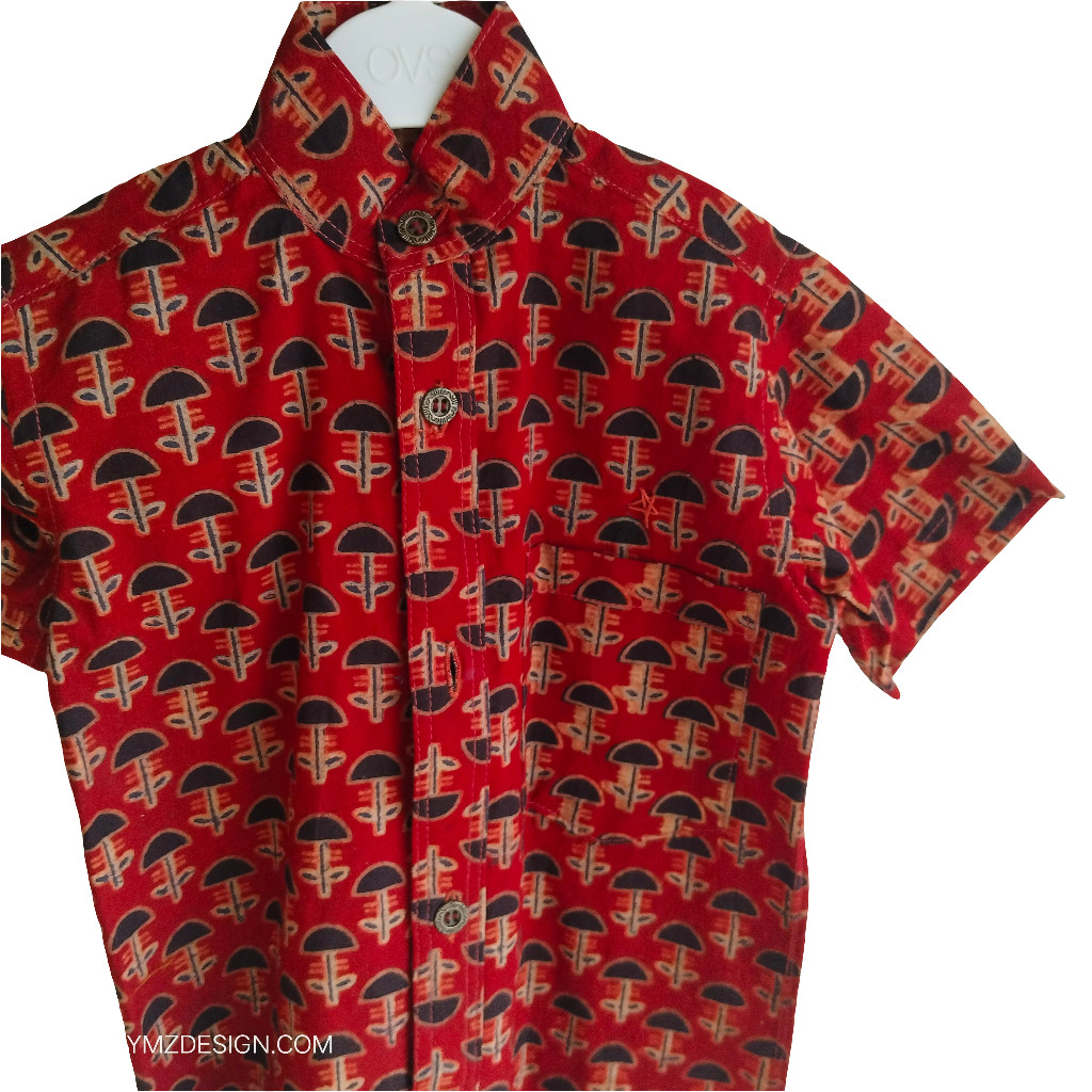 Ajrakh Brick Red Cotton Shirt with Chinese Collar & Hand Embroidery – Kids Handblock Print