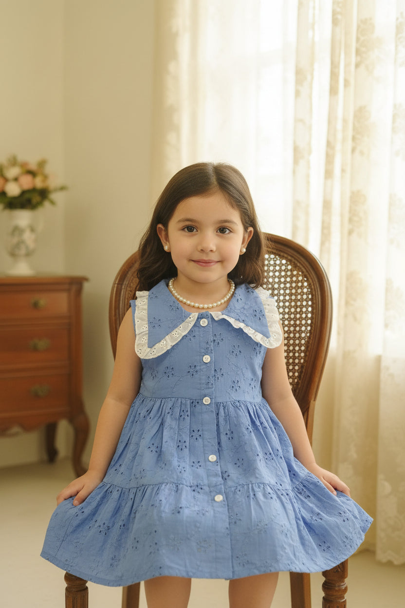 Blue hakoba cotton tiered kids frock with lace attached collar. 