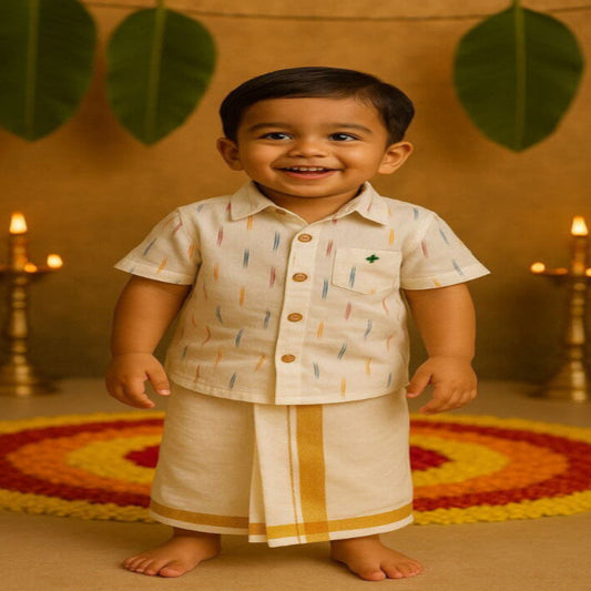 boy wearing onam out fit: white ikat shirt with star hand embroidery and kerala kasavu mnd