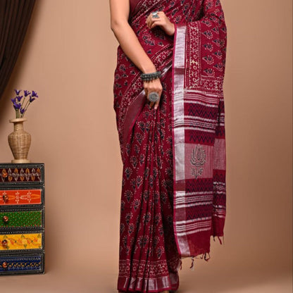 BAGRU HAND BLOCK PRINTED MAROON COTTON LINEN  SAREE