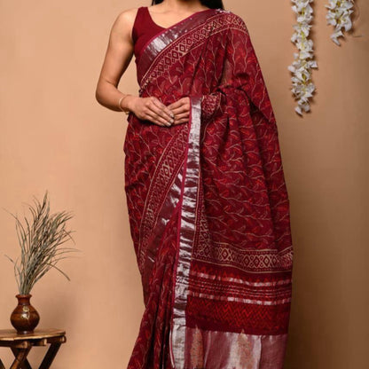 BAGRU HAND BLOCK PRINTED MAROON COTTON LINEN  SAREE,FLORAL PRINTS