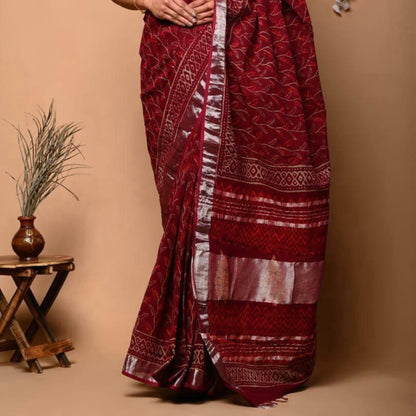 BAGRU HAND BLOCK PRINTED MAROON COTTON LINEN  SAREE,FLORAL PRINTS