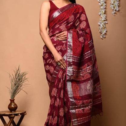 BAGRU HAND BLOCK PRINTED MAROON COTTON LINEN  SAREE,FLORAL PRINTS