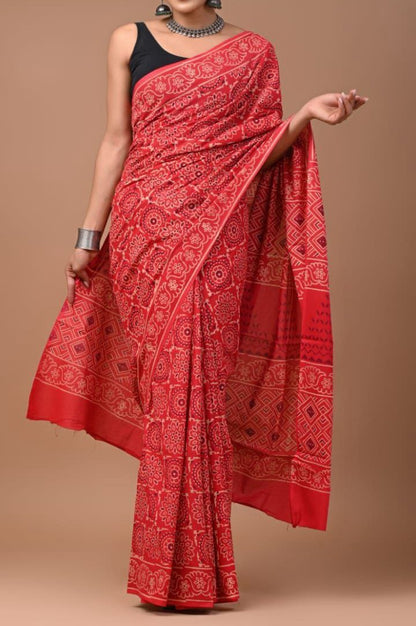 BAGRU HAND BLOCK PRINTED MULMUL COTTON SAREE