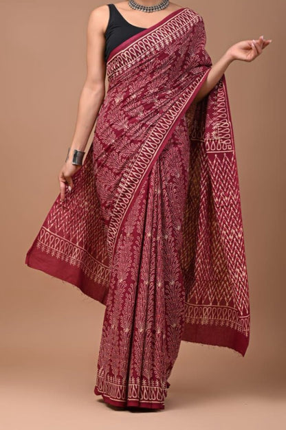 BAGRU HAND BLOCK PRINTED MULMUL COTTON SAREE