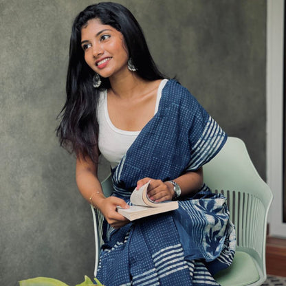 BAGRU INDIGO  HAND BLOCK PRINTED MULMUL COTTON SAREE