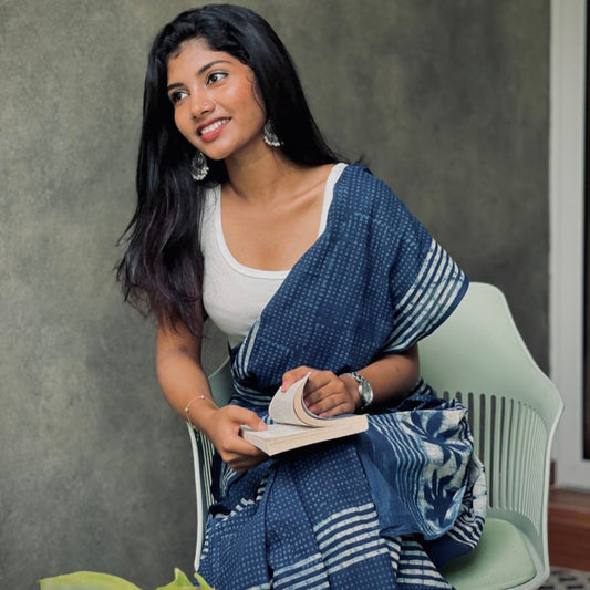 BAGRU INDIGO  HAND BLOCK PRINTED MULMUL COTTON SAREE
