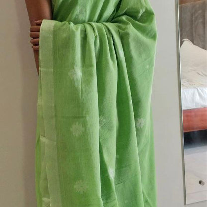 LIGHT GREEN- KHADI COTTON SAREE WITH THREAD WOVEN FLORAL BUTTAS AND SIMPLE BORDER