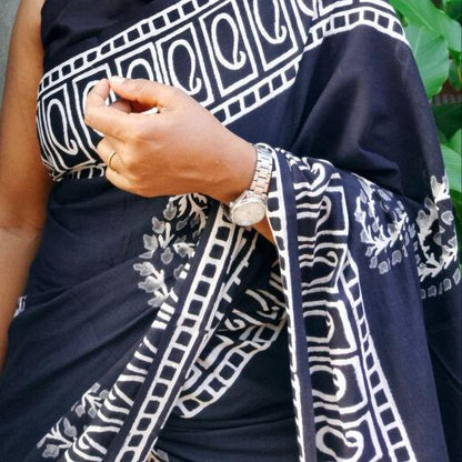BAGRU HAND BLOCK PRINTED MULMUL COTTON SAREE