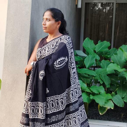 BAGRU HAND BLOCK PRINTED MULMUL COTTON SAREE