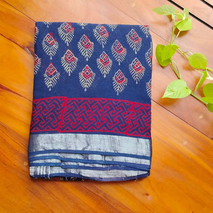 BAGRU HAND BLOCK PRINTED NAVY BLUE COTTON LINEN  SAREE,FLORAL PRINTS