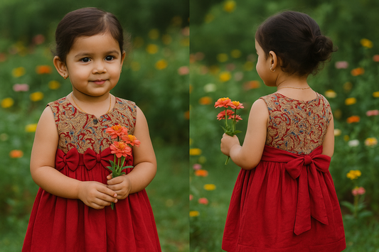 Red Cotton Kalamkari Frock for Girls | Handcrafted Kidswear (Age 1–5 Years)