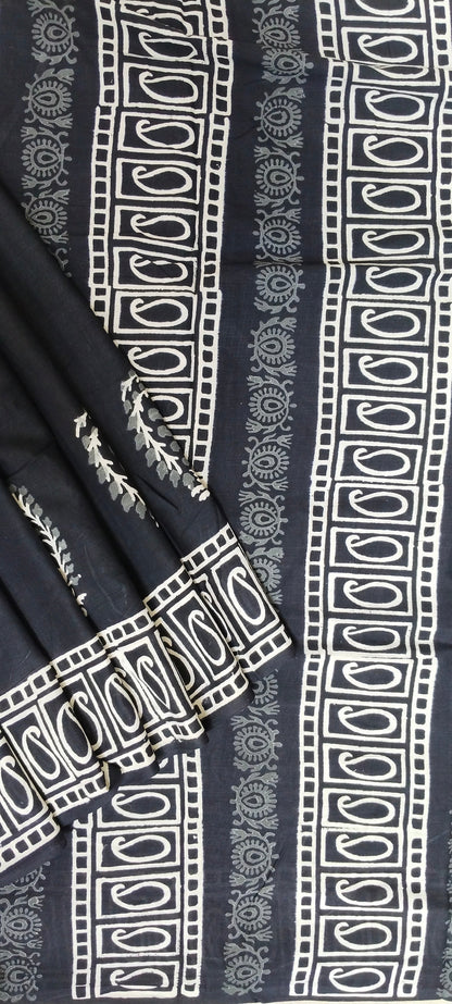 BAGRU HAND BLOCK PRINTED MULMUL COTTON SAREE