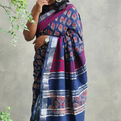 BAGRU HAND BLOCK PRINTED NAVY BLUE COTTON LINEN  SAREE,FLORAL PRINTS