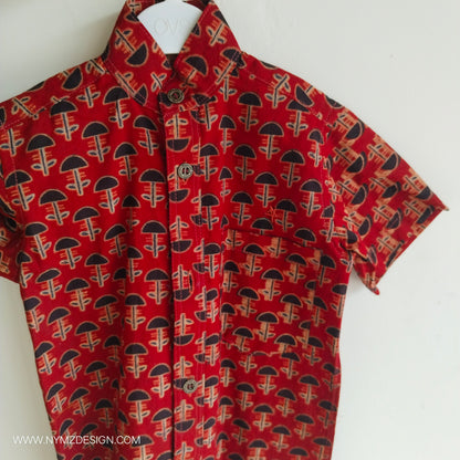Ajrakh Brick Red Cotton Shirt with Chinese Collar & Hand Embroidery – Kids Handblock Print