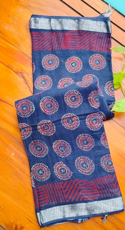 BAGRU HAND BLOCK PRINTED BLUE COTTON LINEN  SAREE