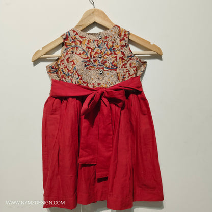 Red Cotton Kalamkari Frock for Girls | Handcrafted Kidswear (Age 1–5 Years)