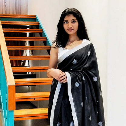 BLACK- KHADI COTTON SAREE WITH THREAD WOVEN FLORAL BUTTAS AND SIMPLE BORDER