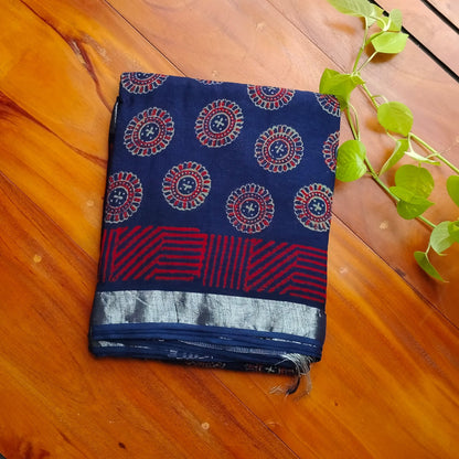 BAGRU HAND BLOCK PRINTED BLUE COTTON LINEN  SAREE