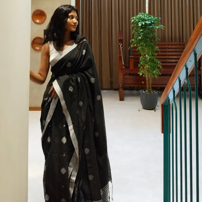 BLACK- KHADI COTTON SAREE WITH THREAD WOVEN FLORAL BUTTAS AND SIMPLE BORDER