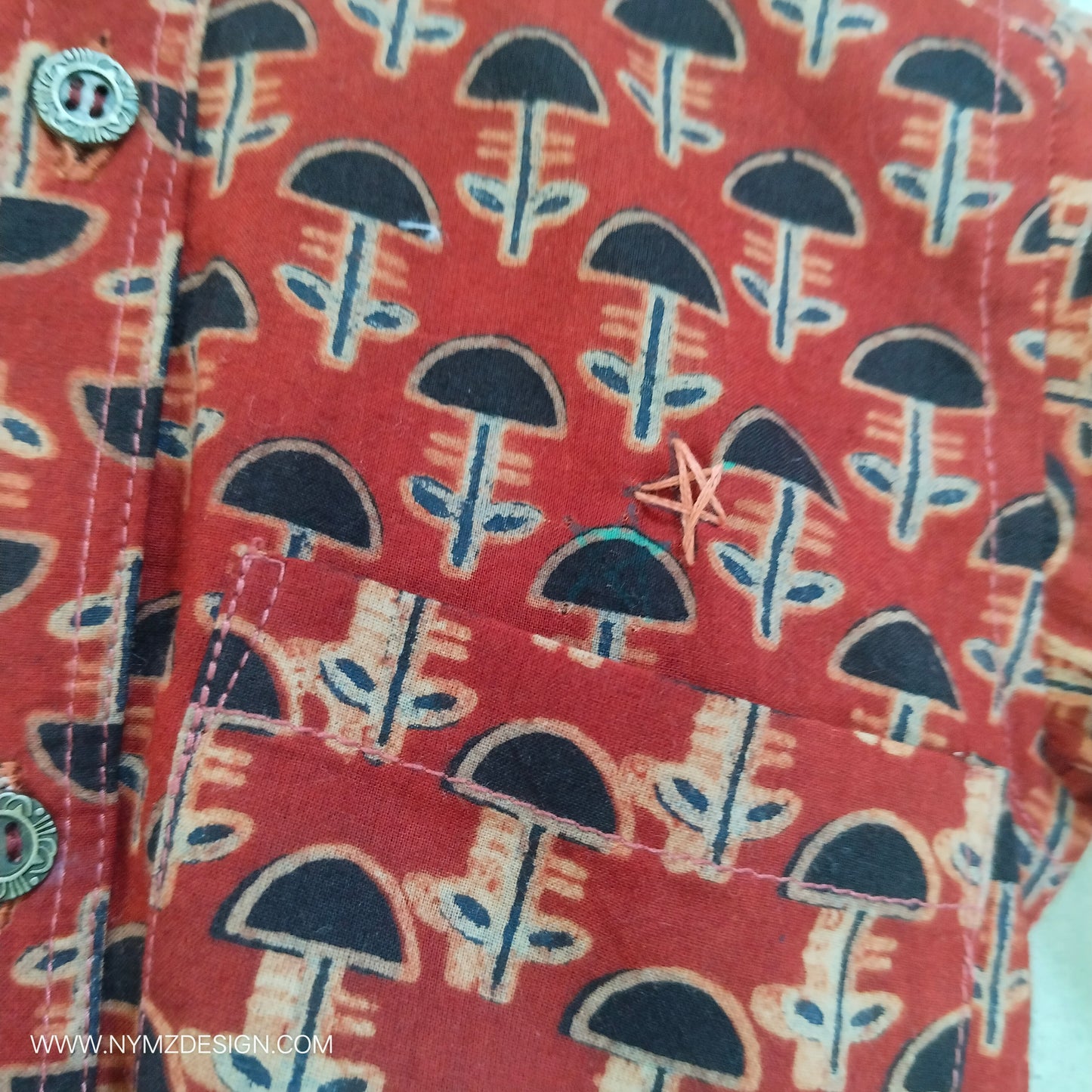 Ajrakh Brick Red Cotton Shirt with Chinese Collar & Hand Embroidery – Kids Handblock Print