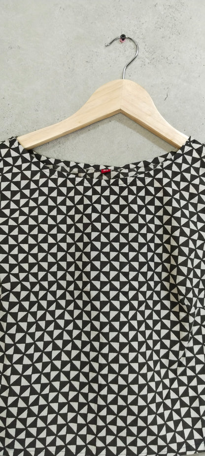 Black cotton block printed Sleeveless Blouse With Boat Neck