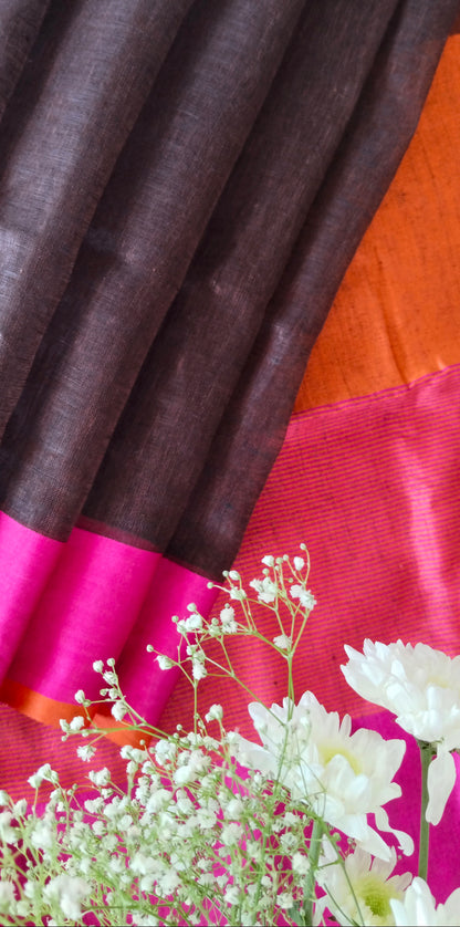 COFFEE COLOR  PLAIN LINEN SAREE WITH  CONTRAST PALLU
