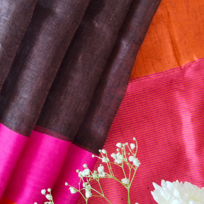 COFFEE COLOR  PLAIN LINEN SAREE WITH  CONTRAST PALLU