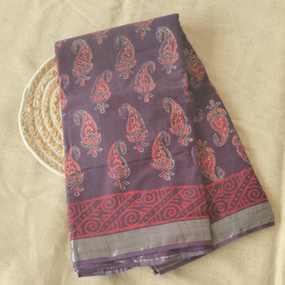 BAGRU HAND BLOCK PRINTED COTTON LINEN  SAREE,FLORAL PRINTS