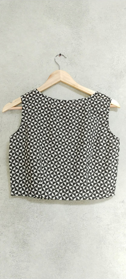 Black cotton block printed Sleeveless Blouse With Boat Neck
