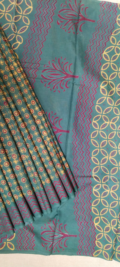 BAGRU HAND BLOCK PRINTED MULMUL COTTON SAREE