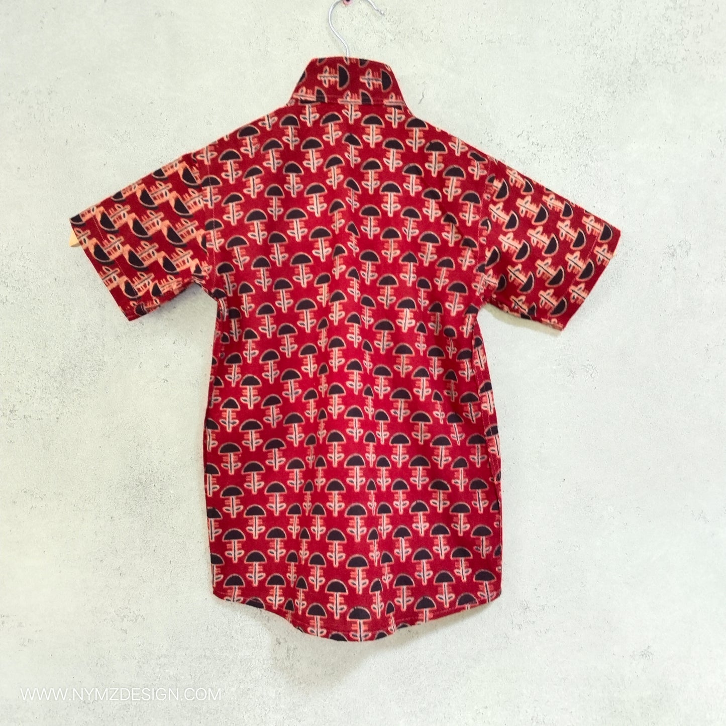 Ajrakh Brick Red Cotton Shirt with Chinese Collar & Hand Embroidery – Kids Handblock Print