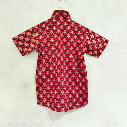 Ajrakh Brick Red Cotton Shirt with Chinese Collar & Hand Embroidery – Kids Handblock Print