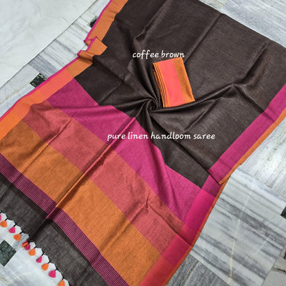 COFFEE COLOR  PLAIN LINEN SAREE WITH  CONTRAST PALLU