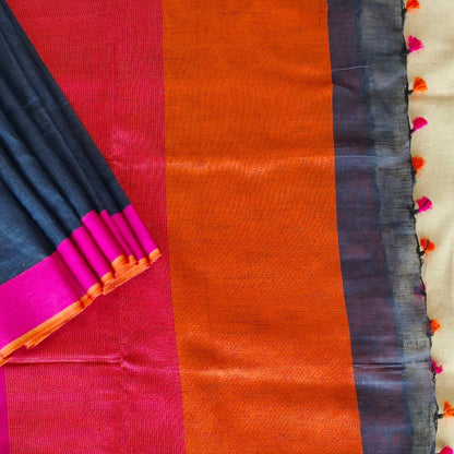 NAVY BLUE  PLAIN LINEN SAREEWITH  CONTRAST PALLU