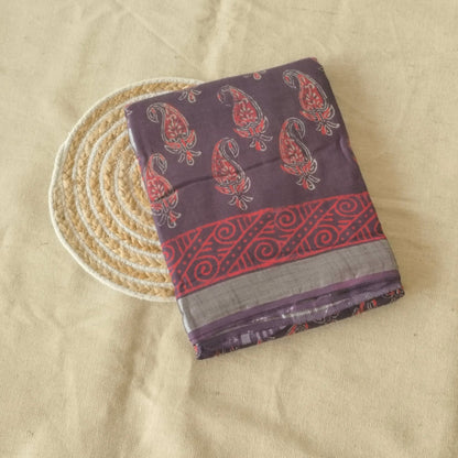 BAGRU HAND BLOCK PRINTED COTTON LINEN  SAREE,FLORAL PRINTS