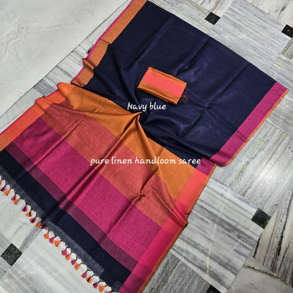 NAVY BLUE  PLAIN LINEN SAREEWITH  CONTRAST PALLU