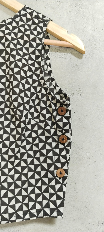 Black cotton block printed Sleeveless Blouse With Boat Neck