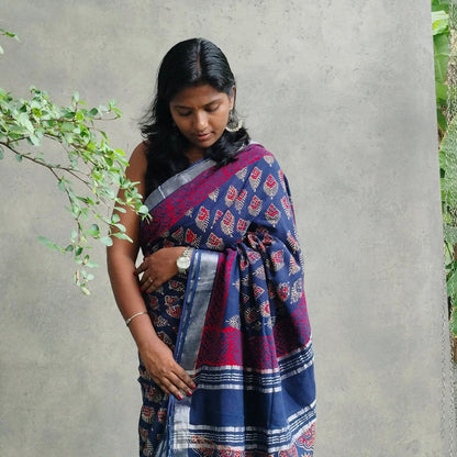 BAGRU HAND BLOCK PRINTED NAVY BLUE COTTON LINEN  SAREE,FLORAL PRINTS