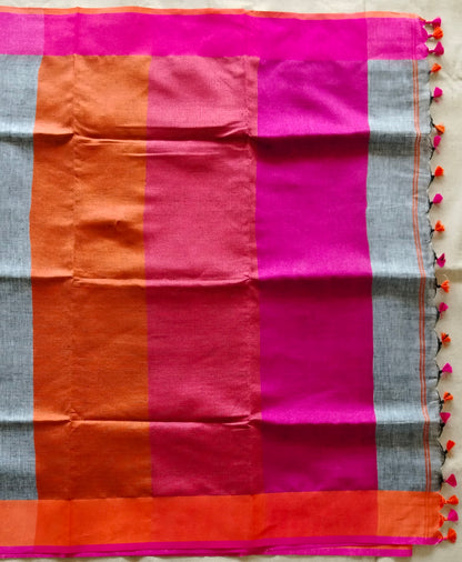 GREY PLAIN LINEN SAREE WITH ORANGE AND PINK BORDER AND CONTRAST PALLU