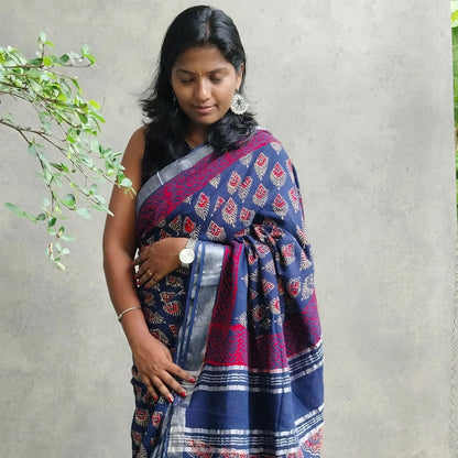 BAGRU HAND BLOCK PRINTED NAVY BLUE COTTON LINEN  SAREE,FLORAL PRINTS
