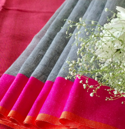 GREY PLAIN LINEN SAREE WITH ORANGE AND PINK BORDER AND CONTRAST PALLU