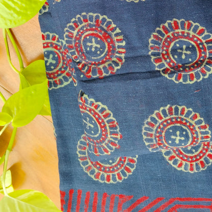 BAGRU HAND BLOCK PRINTED BLUE COTTON LINEN  SAREE