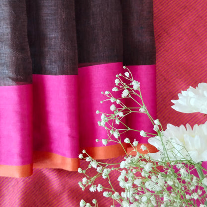 COFFEE COLOR  PLAIN LINEN SAREE WITH  CONTRAST PALLU