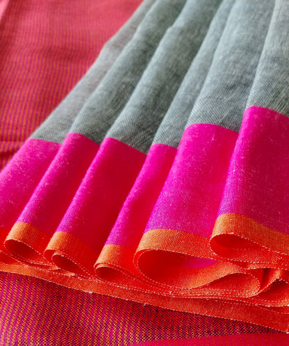 GREY PLAIN LINEN SAREE WITH ORANGE AND PINK BORDER AND CONTRAST PALLU