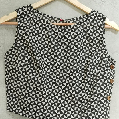 Black cotton block printed Sleeveless Blouse With Boat Neck