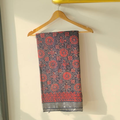 BAGRU HAND BLOCK PRINTED NAVY BLUE COTTON LINEN  SAREE,FLORAL PRINTS