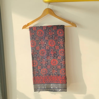 BAGRU HAND BLOCK PRINTED NAVY BLUE COTTON LINEN  SAREE,FLORAL PRINTS